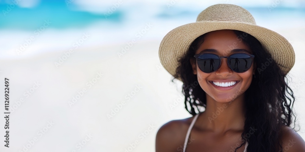 Young brunette woman wearing straw hat and sunglasses at the beach. Young brunette woman wearing straw hat and sunglasses at the beach.