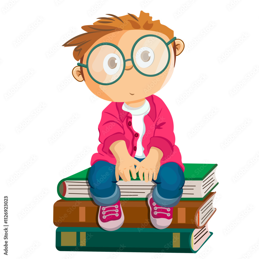 Little boy with glasses sitting on books Little boy with glasses sitting on books