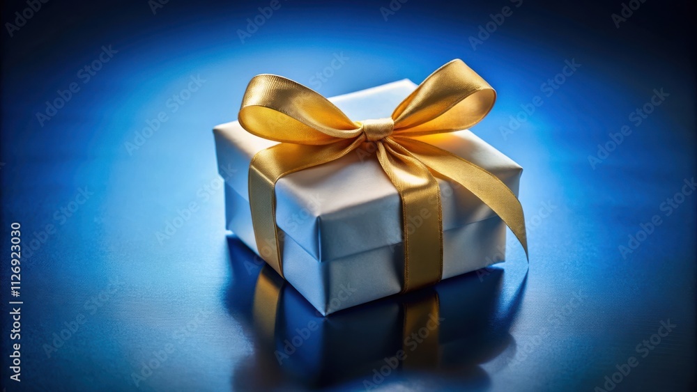 A white gift box adorned with a luxurious golden ribbon, reflecting on a deep blue surface A white gift box adorned with a luxurious golden ribbon, reflecting on a deep blue surface