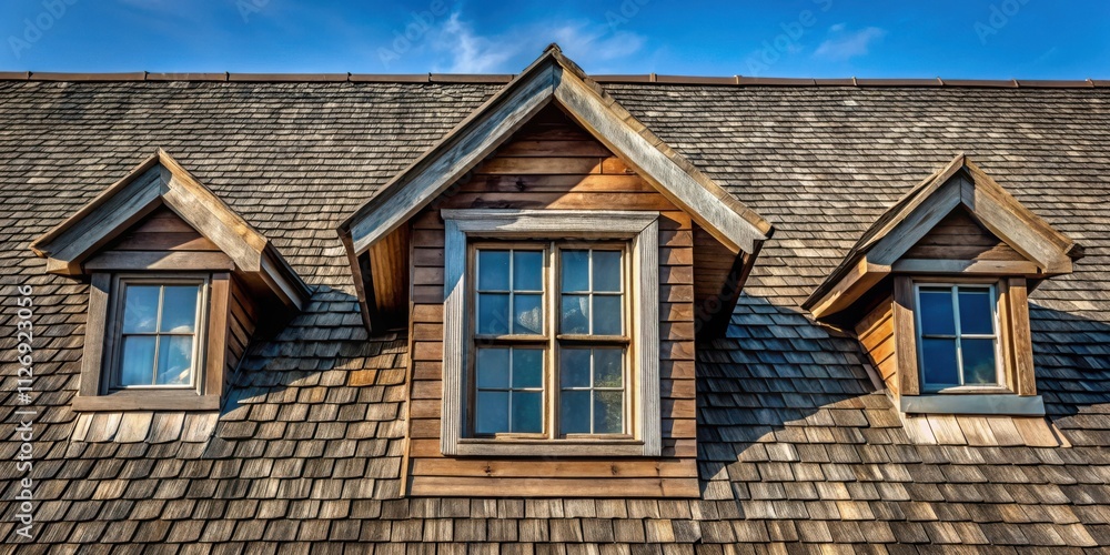 Obraz premium A weathered wooden roof with three dormer windows, revealing a glimpse of the sky and the promise of light