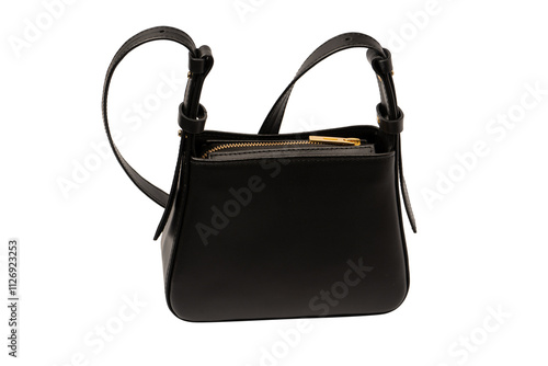 Black small leather cross body bag isolated on a white background.