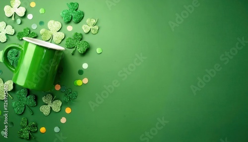 Wallpaper Mural Vibrant Green Ceramic Mug Surrounded by Glittering Fabric Shamrocks and Colorful Confetti on a Bright Green Background. Festive St. Patrick’s Day Decoration Highlighting Irish Luck and Party Inspir Torontodigital.ca