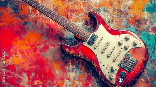 The banner of the rock band concert. Electric guitar on a colorful grunge background