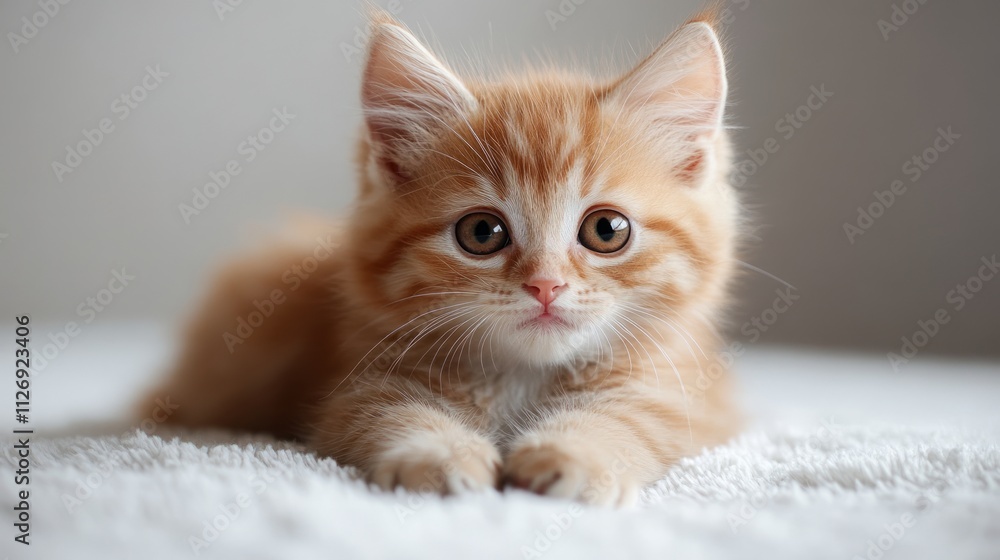 Obraz premium cute cat. A cute orange kitten lying on a soft surface, looking curiously at the camera with large, expressive eyes.