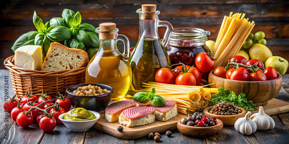 Fresh tomatoes, basil, olive oil, and pasta are arranged alongside cheese and walnuts, creating a colorful display of ingredients ideal for Italian meals Fresh tomatoes, basil, olive oil, and pasta are arranged alongside cheese and walnuts, creating a colorful display of ingredients ideal for Italian meals
