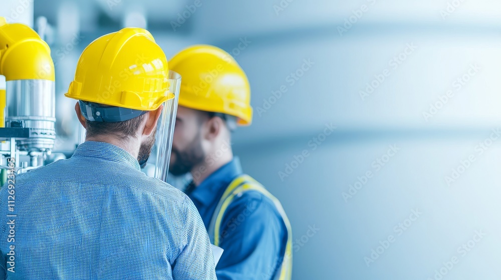 Industrial Workers in Safety Helmets Collaborating on Project Factory Environment Professional Photography Close-up View Teamwork Concept Industrial Workers in Safety Helmets Collaborating on Project Factory Environment Professional Photography Close-up View Teamwork Concept