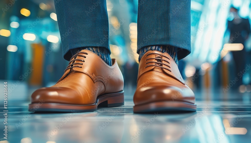 Stylish Close-Up of Elegant Brown Leather Shoes Paired with Modern Suit in Busy Urban Setting Stylish Close-Up of Elegant Brown Leather Shoes Paired with Modern Suit in Busy Urban Setting