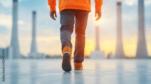 Worker Walking Towards Sunset at Industrial Site Scenic View Photography Urban Environment Inspirational Concept