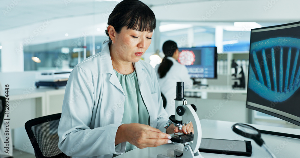 Fototapeta premium Scientist, woman and microscope with dna in lab for medical research, test and solution with pharmaceutical career. Person, lens and liquid for drugs, chemical and vaccine development for mpox virus