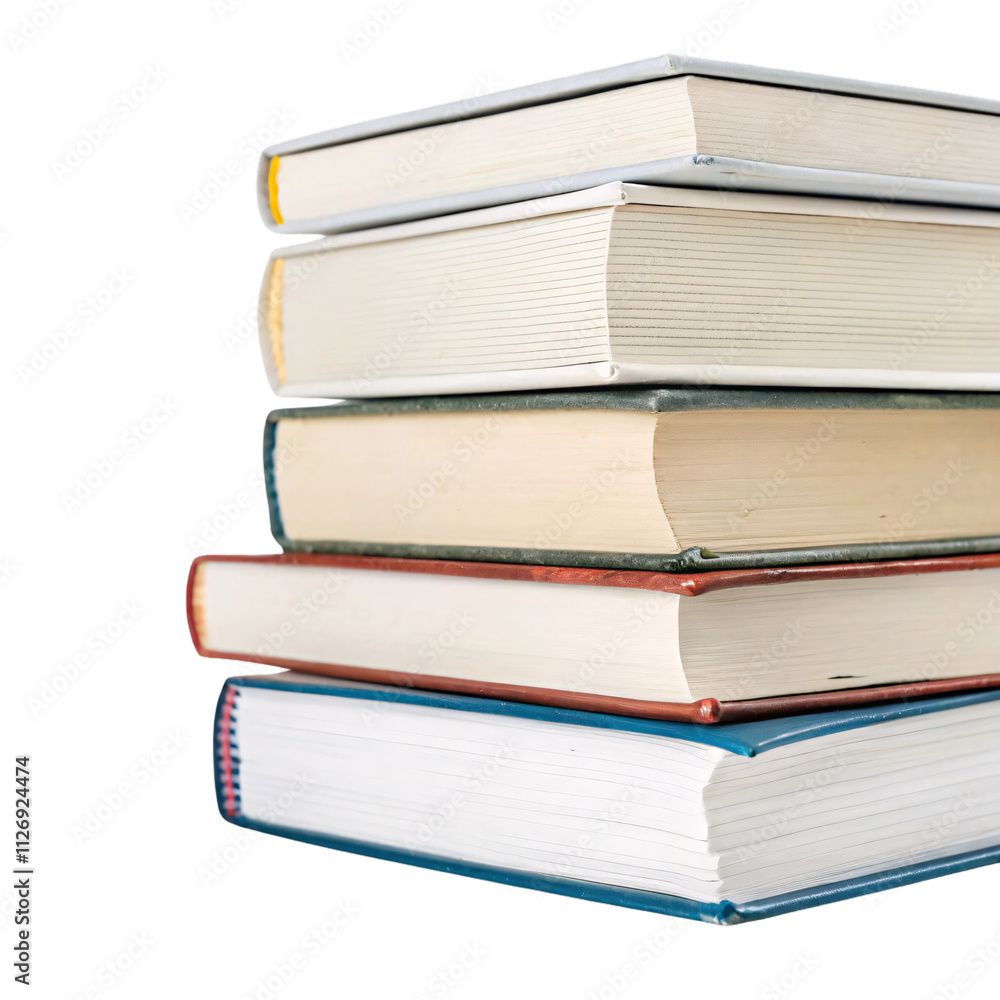 A neatly piled stack of books with colorful bindings and crisp, unevenly aligned pages. A testament to knowledge, storytelling, and endless learning, set against a transparent background A neatly piled stack of books with colorful bindings and crisp, unevenly aligned pages. A testament to knowledge, storytelling, and endless learning, set against a transparent background