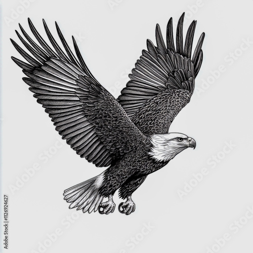 Bald eagle in flight with detailed feathers on white background. photo