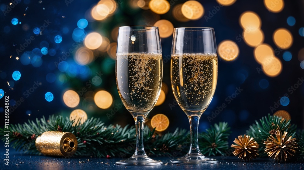 Festive Christmas Celebration Banner with Champagne Glasses, Glittering Lights, and Holiday Bokeh Festive Christmas Celebration Banner with Champagne Glasses, Glittering Lights, and Holiday Bokeh