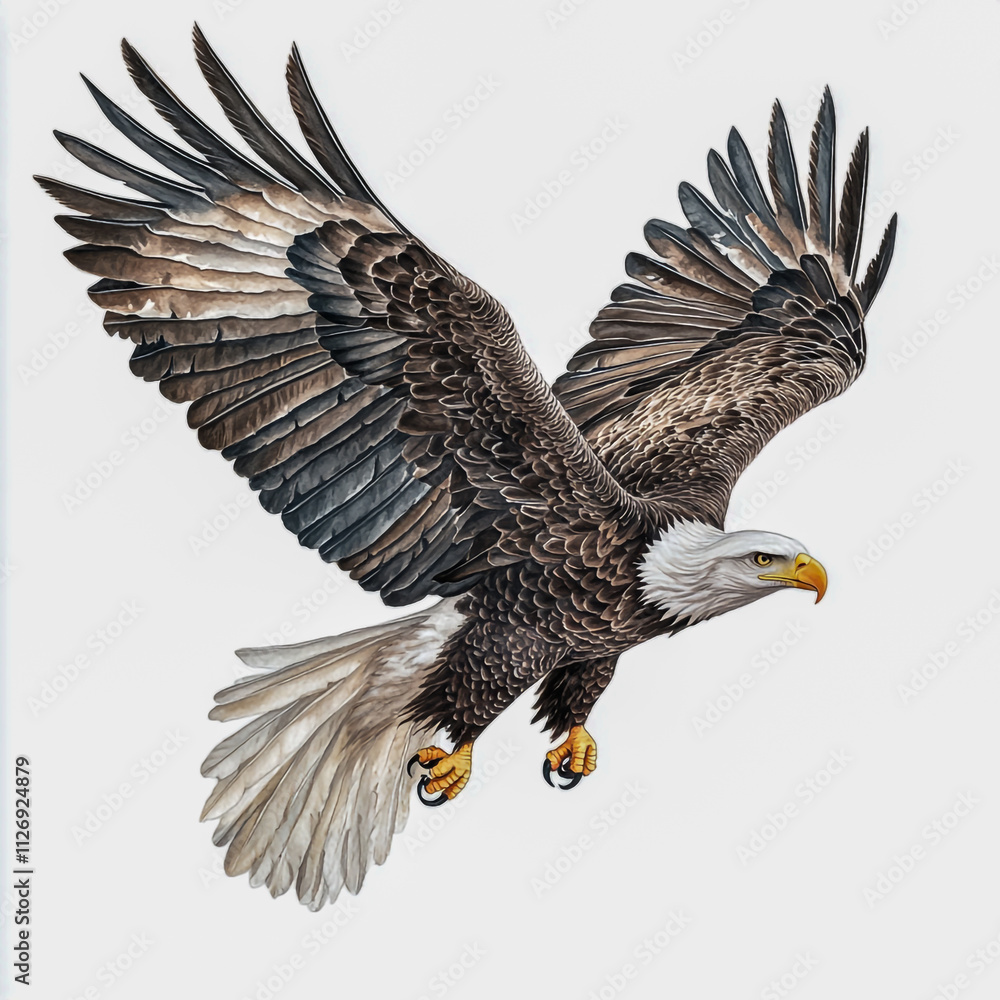 Obraz premium Bald eagle in flight with detailed feathers on white background.