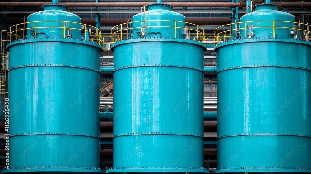 Industrial Action Teal Storage Tanks at Manufacturing Facility Detailed Content Urban Environment Close-Up View Industrial Concept Industrial Action Teal Storage Tanks at Manufacturing Facility Detailed Content Urban Environment Close-Up View Industrial Concept