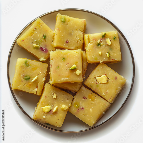 Barfi on plate isolated white background. photo