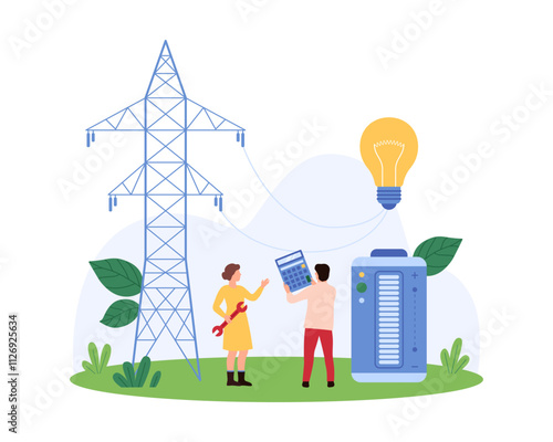 Workers manage energy systems with a giant power line, battery, and lightbulb. One worker uses a calculator, another holds a wrench, highlighting efficient energy management vector illustration