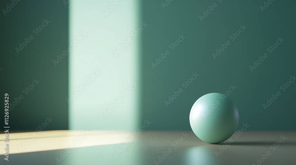 Minimalist Scene with Green Sphere on Wooden Surface in Soft Lighting Minimalist Scene with Green Sphere on Wooden Surface in Soft Lighting