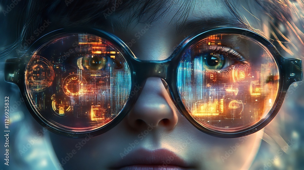 Close-up of child's face with round glasses reflecting futuristic city. Close-up of child's face with round glasses reflecting futuristic city.