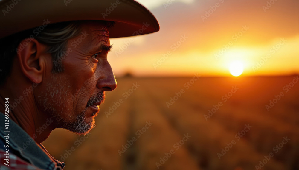 A rancher contemplates the sunset over his golden field a moment of reflection and peace. A rancher contemplates the sunset over his golden field a moment of reflection and peace.