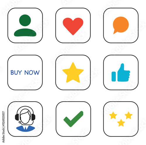 Vector icon set featuring social network symbols in a simple, colorful design for online interaction and engagement. Coloured icons in black frames on a transparent background.