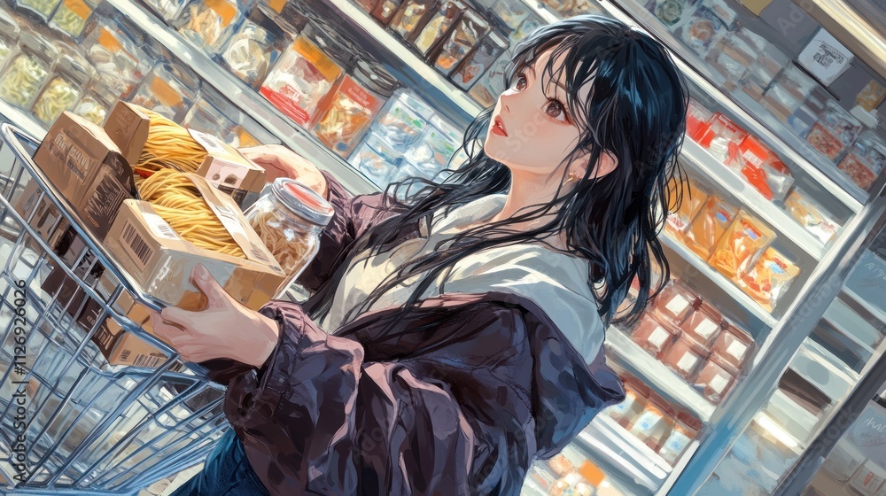 A young woman shopping in a grocery store, holding a cart filled with food items. A young woman shopping in a grocery store, holding a cart filled with food items.