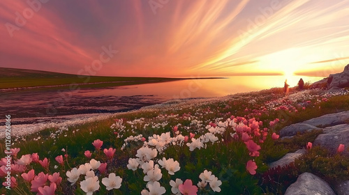Picturesque Meadow of Wildflowers with a Golden Sunset by a Serene Lake