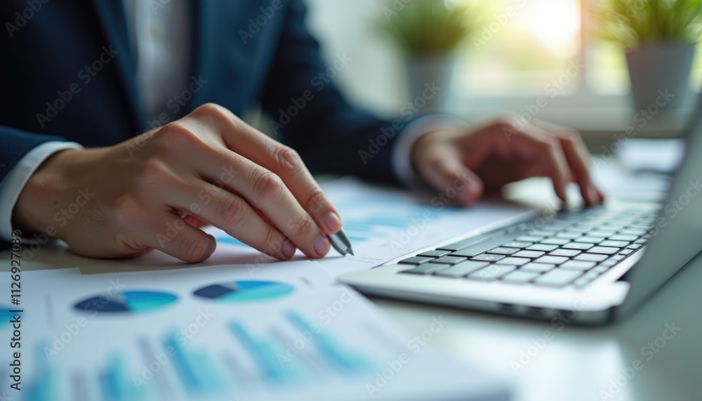 Fototapeta premium Businessman analyzing financial data on laptop highlighting key figures.