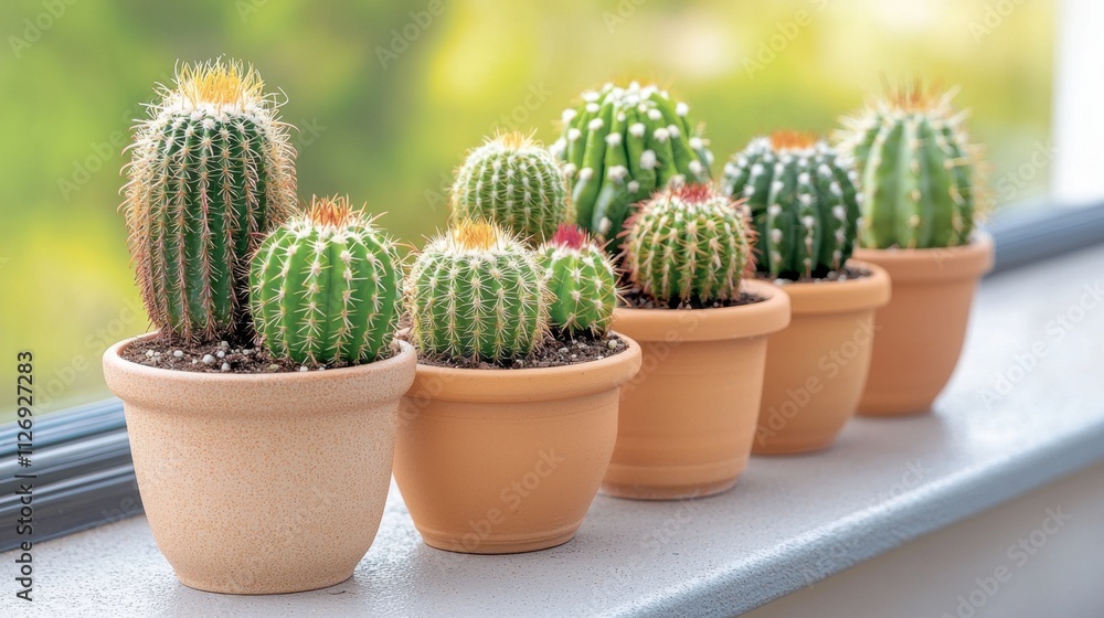 1. A collection of various cacti in different shapes, sizes, and shades of green, housed in a row of ceramic pots on a sunny windowsill, creating a mini desert oasis indoors. 1. A collection of various cacti in different shapes, sizes, and shades of green, housed in a row of ceramic pots on a sunny windowsill, creating a mini desert oasis indoors.