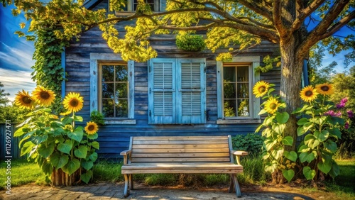 Rustic wooden bench resting beneath a tree with vibrant yellow sunflowers blooming in front of a weathered blue cottage photo