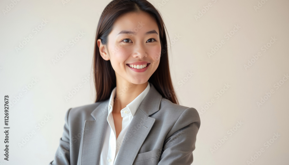 Confident young Asian businesswoman in a grey suit smiling warmly. Confident young Asian businesswoman in a grey suit smiling warmly.