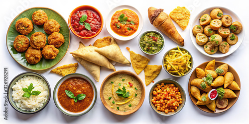 Wallpaper Mural An assortment of traditional Indian snacks is beautifully arranged on a white surface. The spread includes samosas, kachoris, and various chutneys, showcasing vibrant colors and textures Torontodigital.ca