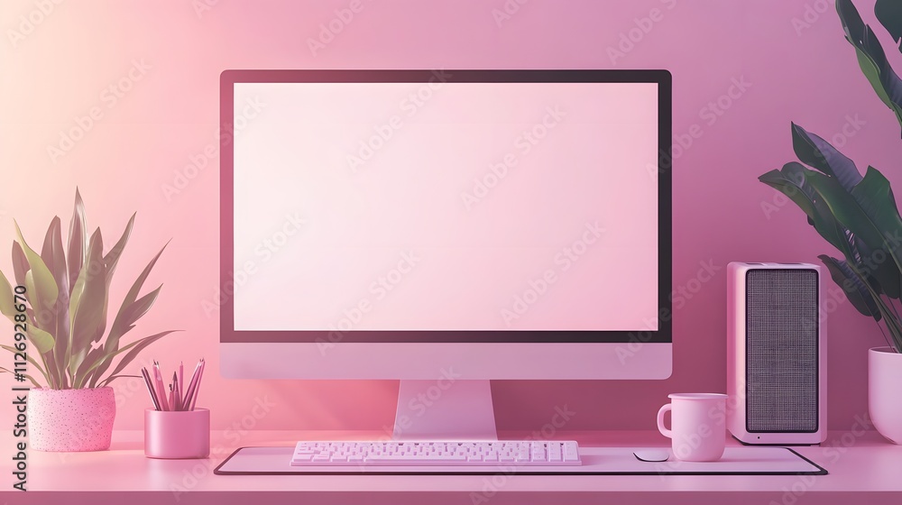 Pink Aesthetic Workspace Computer Setup Minimalist Design