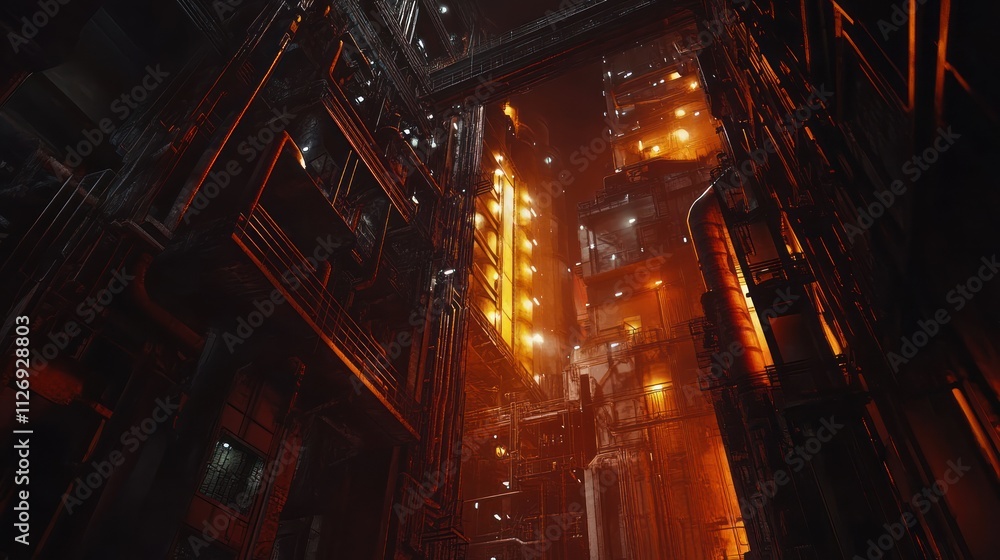 Dark industrial scene with illuminated structures and pipes. Dark industrial scene with illuminated structures and pipes.