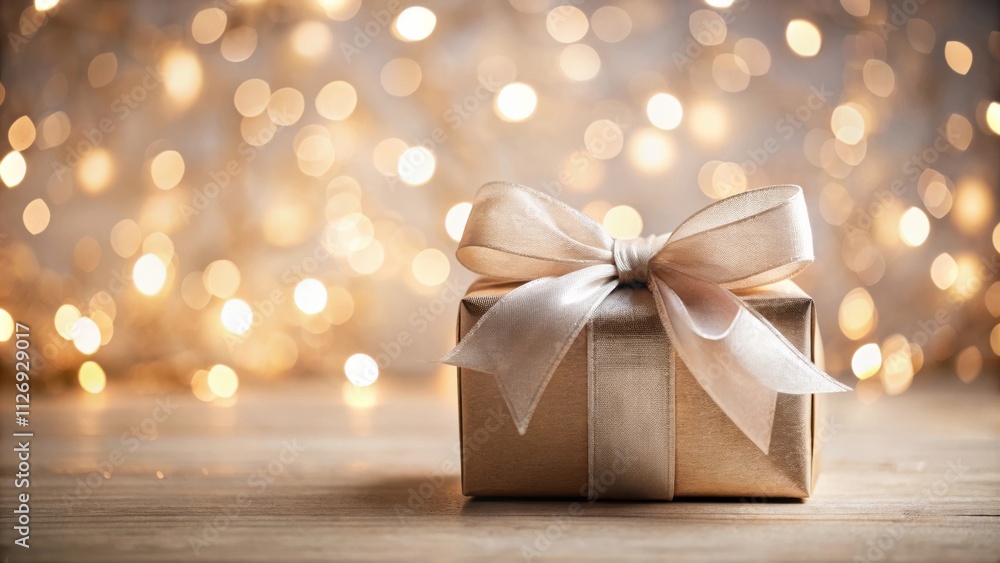A Festive Gift Box Wrapped in Gold With a Bow and Blurred Lights in the Background A Festive Gift Box Wrapped in Gold With a Bow and Blurred Lights in the Background
