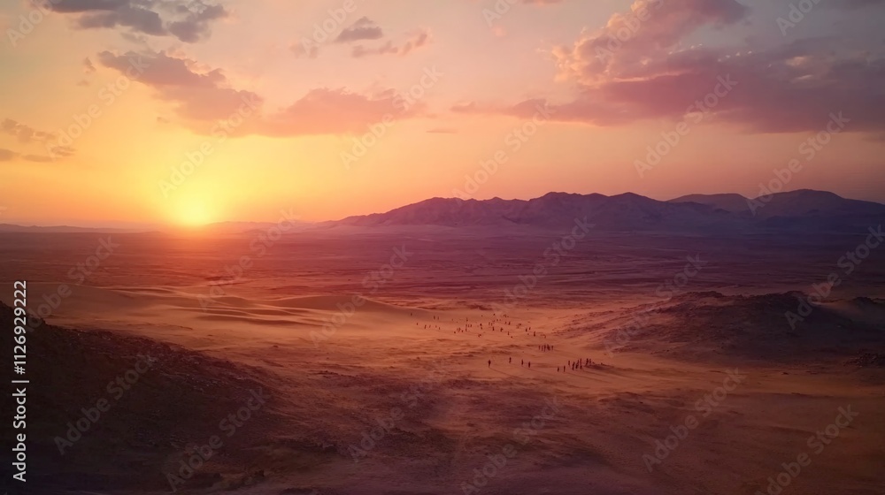 Stunning sunset over a vast desert landscape with mountains in the background. Colors blend beautifully at dusk. Stunning sunset over a vast desert landscape with mountains in the background. Colors blend beautifully at dusk.