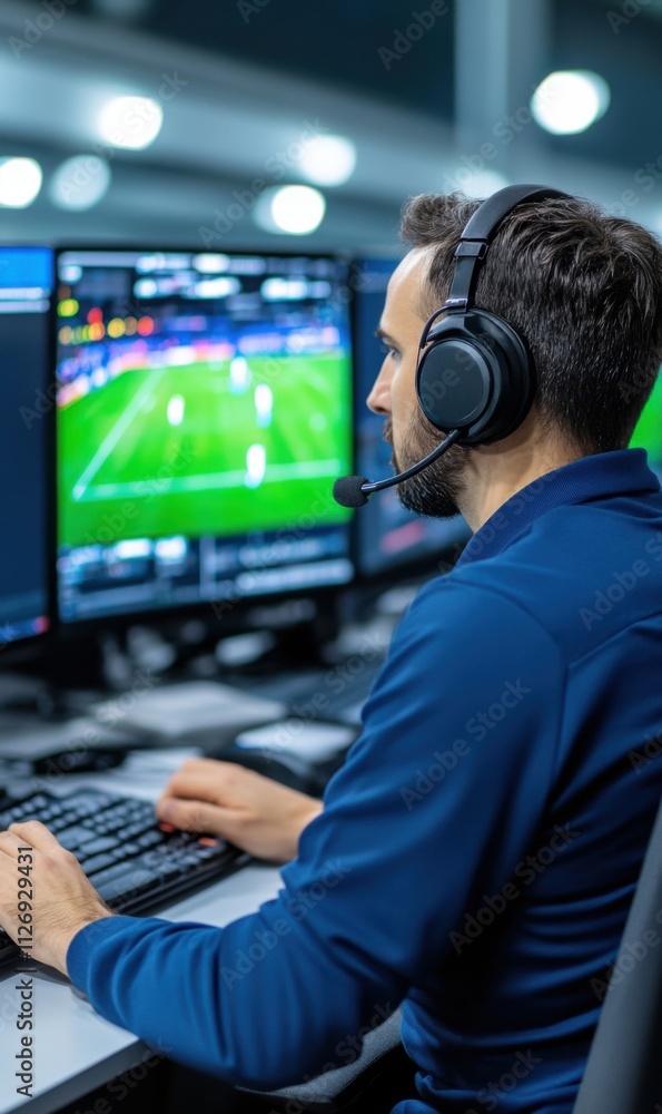 Sports analyst monitors live football match on multiple screens with headset in high-tech sports environment Sports analyst monitors live football match on multiple screens with headset in high-tech sports environment
