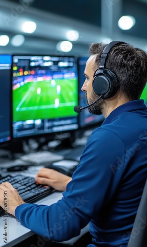 Sports analyst monitors live football match on multiple screens with headset in high-tech sports environment