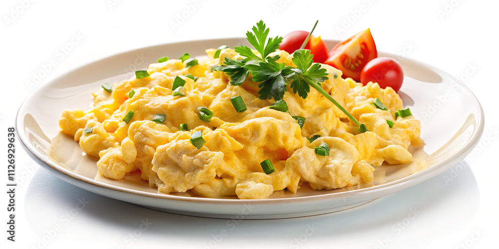 Thick, fluffy scrambled eggs are plated with vibrant cherry tomatoes and garnished with green onion and parsley. This breakfast dish showcases rich colors and textures Thick, fluffy scrambled eggs are plated with vibrant cherry tomatoes and garnished with green onion and parsley. This breakfast dish showcases rich colors and textures