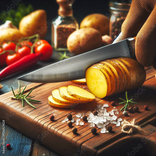 close up knife cutting potato with excellent detail