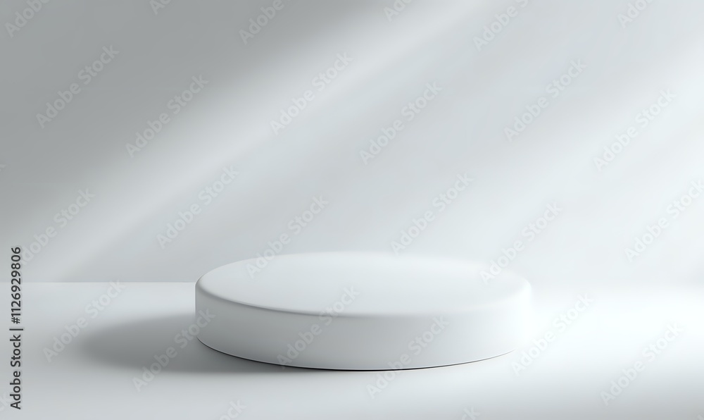 White minimalist round podium in sunlit room. White minimalist round podium in sunlit room.