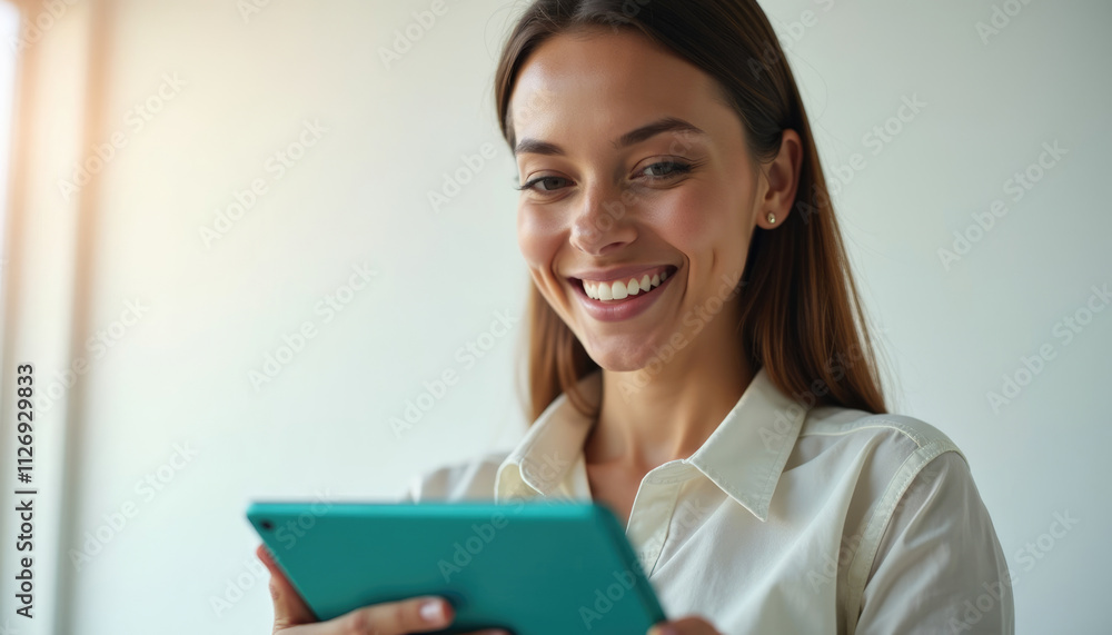 A smiling woman happily uses a teal tablet enjoying the digital experience. A smiling woman happily uses a teal tablet enjoying the digital experience.