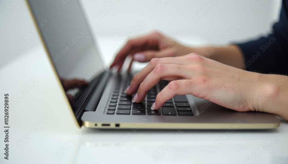Woman's hands typing on a laptop keyboard working on a project. Woman's hands typing on a laptop keyboard working on a project.
