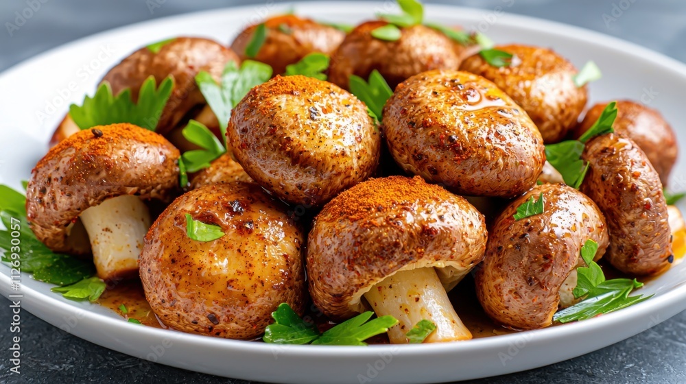 A savory blend of spices like cumin, coriander, and paprika bring a rich, earthy flavor to tender mushrooms sautéed in olive oil, creating a delicious dish with a Moroccan flair. A savory blend of spices like cumin, coriander, and paprika bring a rich, earthy flavor to tender mushrooms sautéed in olive oil, creating a delicious dish with a Moroccan flair.