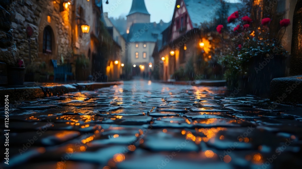 A rainy city street with a cobblestone walkway