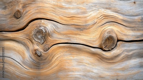 The image displays a close up of a weathered wooden surface, revealing intricate patterns of natural grain and knots that create a textured and rugged appearance. photo