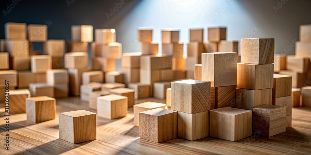 A cluster of wooden blocks on a table illuminated by a spotlight, casting shadows and creating a minimalist and abstract composition. A cluster of wooden blocks on a table illuminated by a spotlight, casting shadows and creating a minimalist and abstract composition.