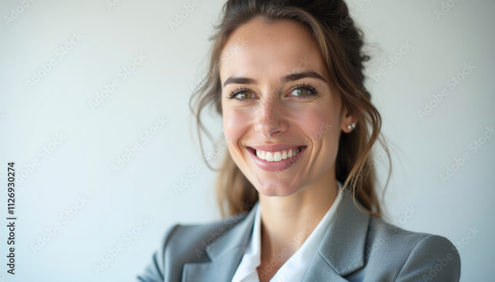 A young smiling businesswoman in a gray suit exudes confidence and professionalism. A young smiling businesswoman in a gray suit exudes confidence and professionalism.