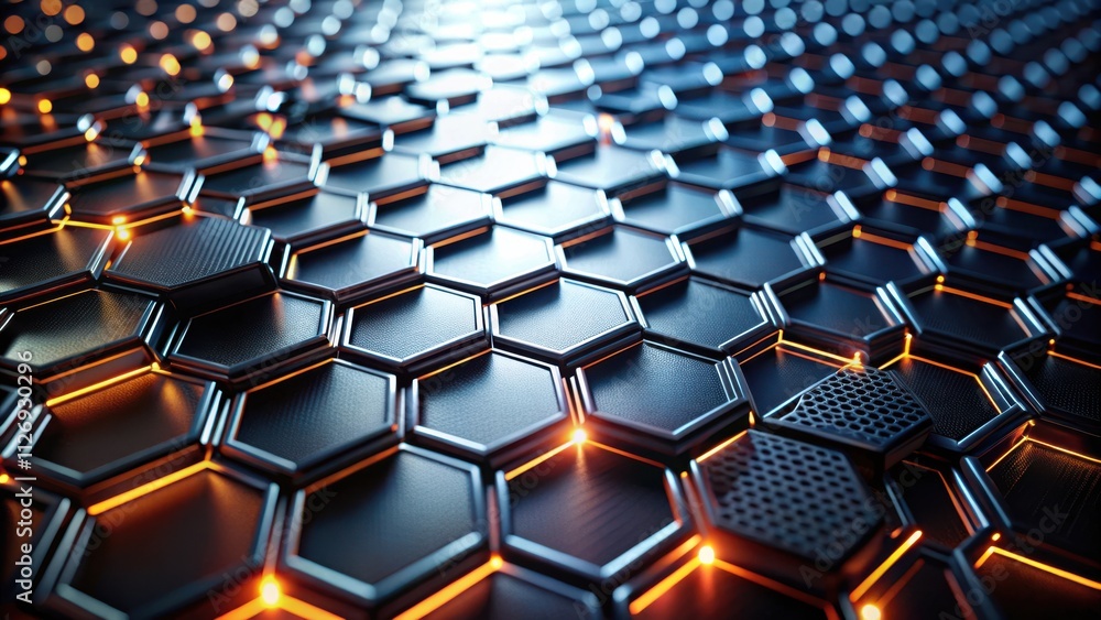 A Futuristic Abstract Pattern of Interlocking Hexagons with Glowing Orange Edging A Futuristic Abstract Pattern of Interlocking Hexagons with Glowing Orange Edging