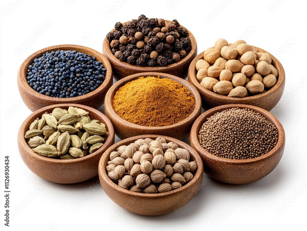 Essential Thai spice sets for authentic cuisine, highlighting vibrant colors and textures against a white background Essential Thai spice sets for authentic cuisine, highlighting vibrant colors and textures against a white background