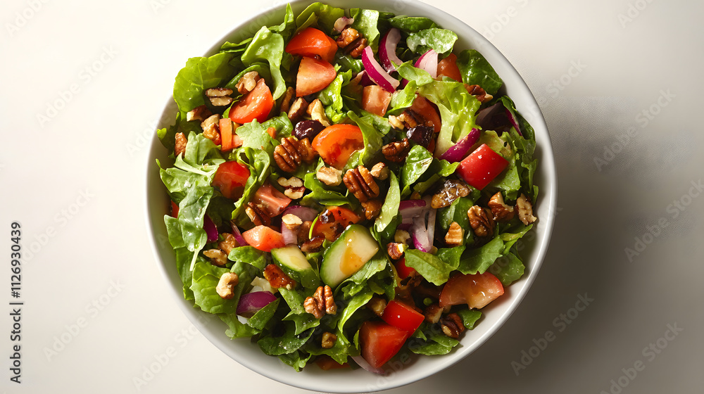 A Colorful and Healthy Salad Bowl Featuring an Assortment of Fresh Vegetables and Crunchy Nuts, Captured from a Top View Perspective A Colorful and Healthy Salad Bowl Featuring an Assortment of Fresh Vegetables and Crunchy Nuts, Captured from a Top View Perspective